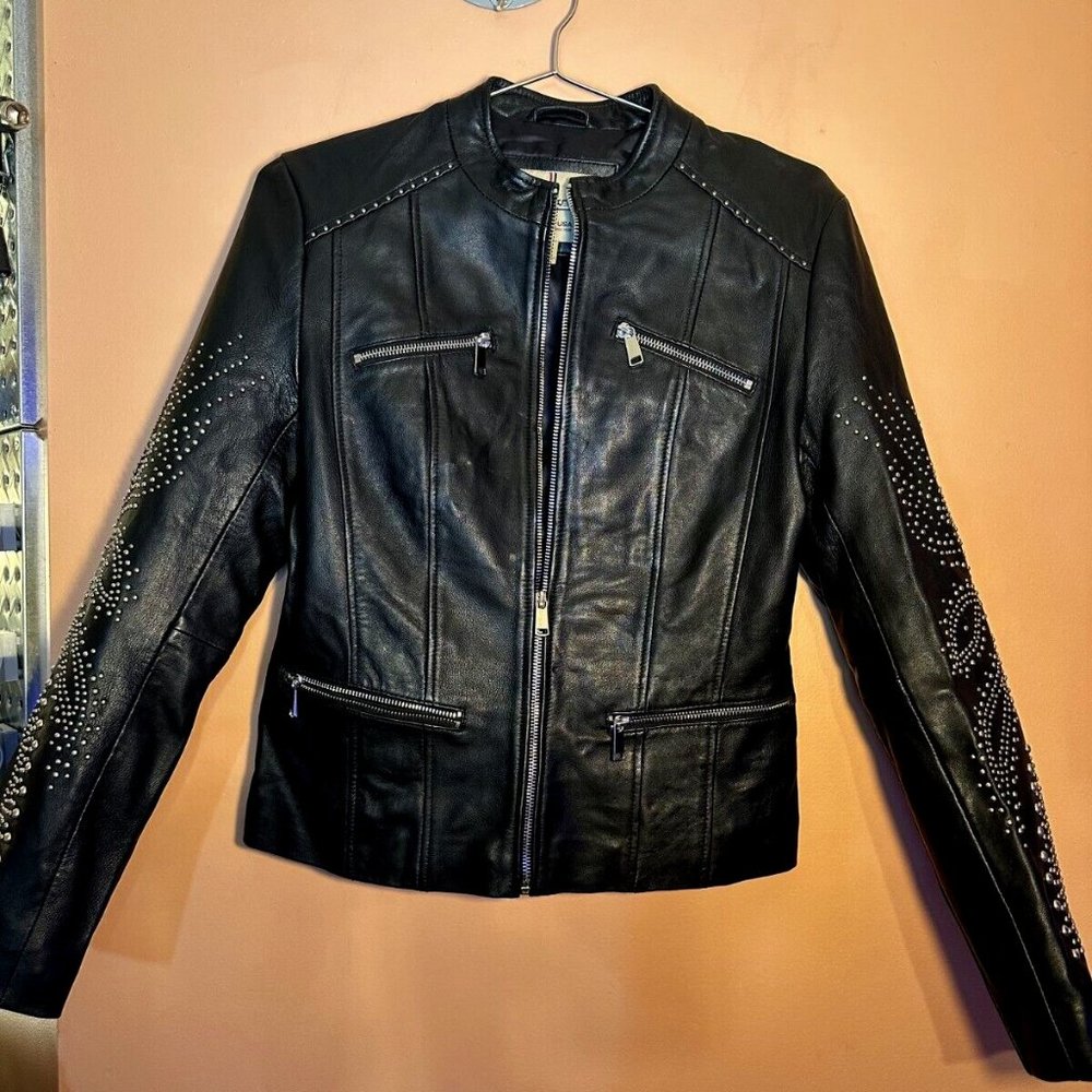 Wilson leather women leather motor jacket black color Studded Arms Perfect CON